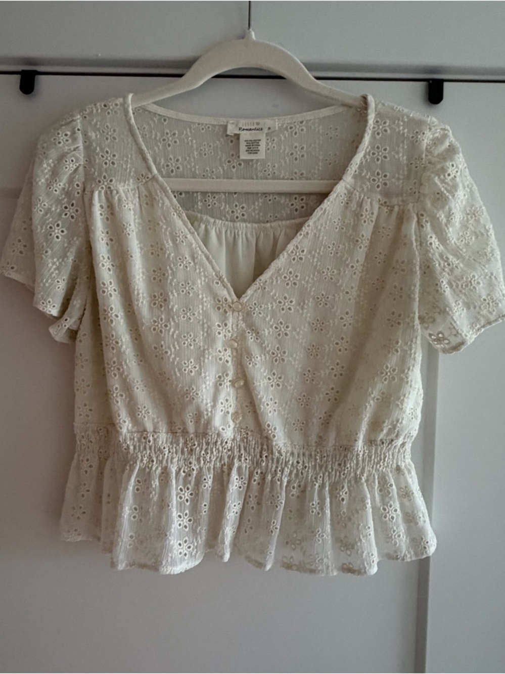 Cream Eyelet Peplum Short Sleeve Top